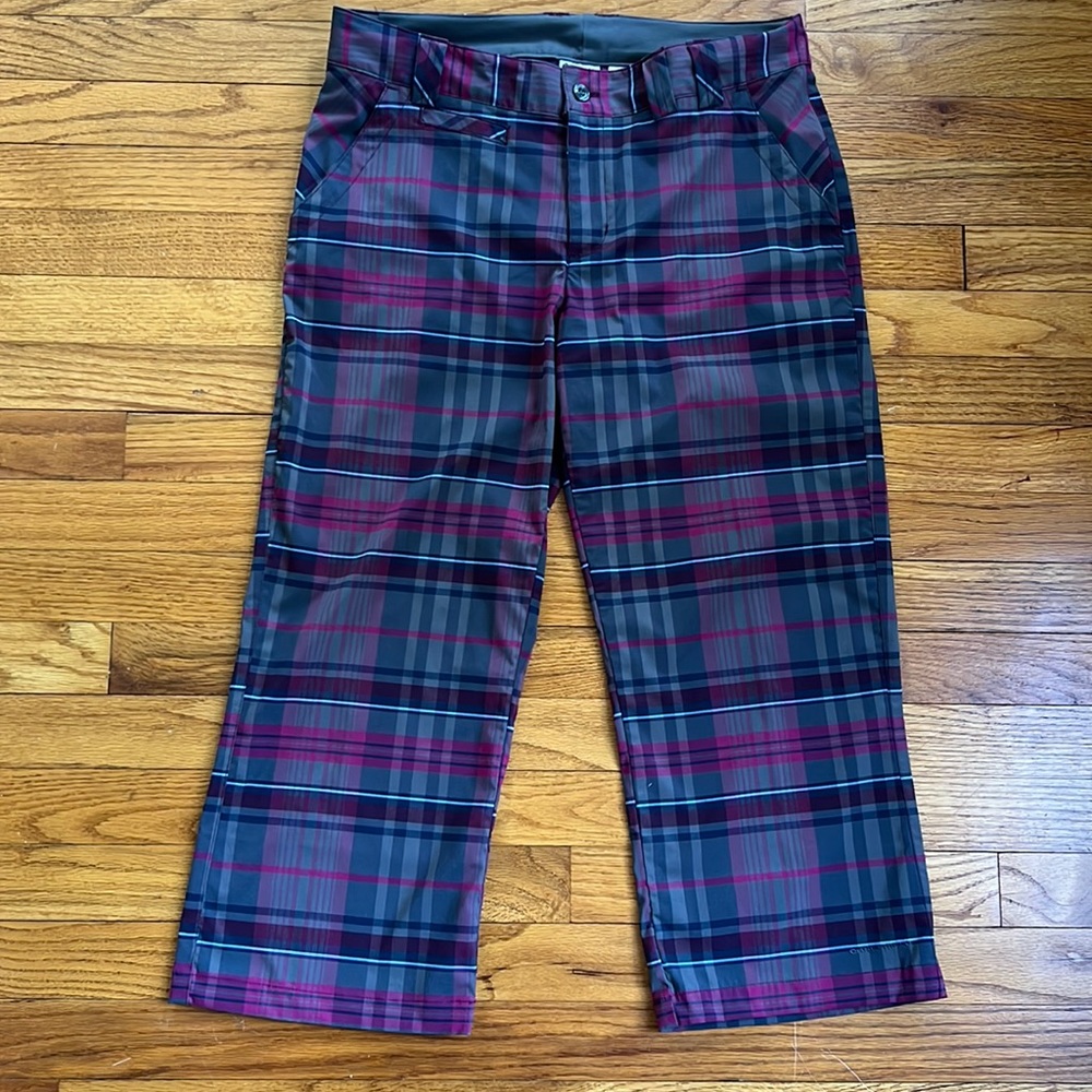 Columbia purple, green, and blue plaid titanium capris, size 8